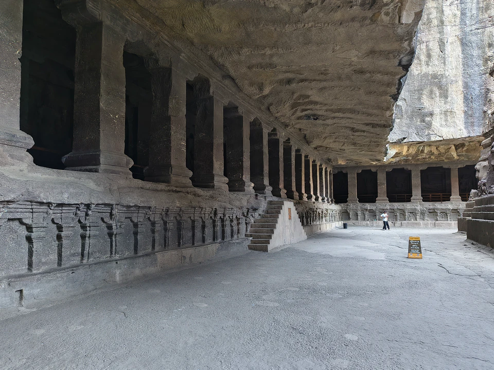 The carved corridors at Kailasa Temple