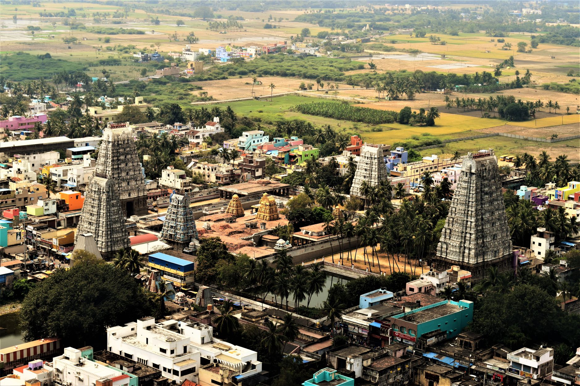 aerial view of indian temple complex in scenic landscape